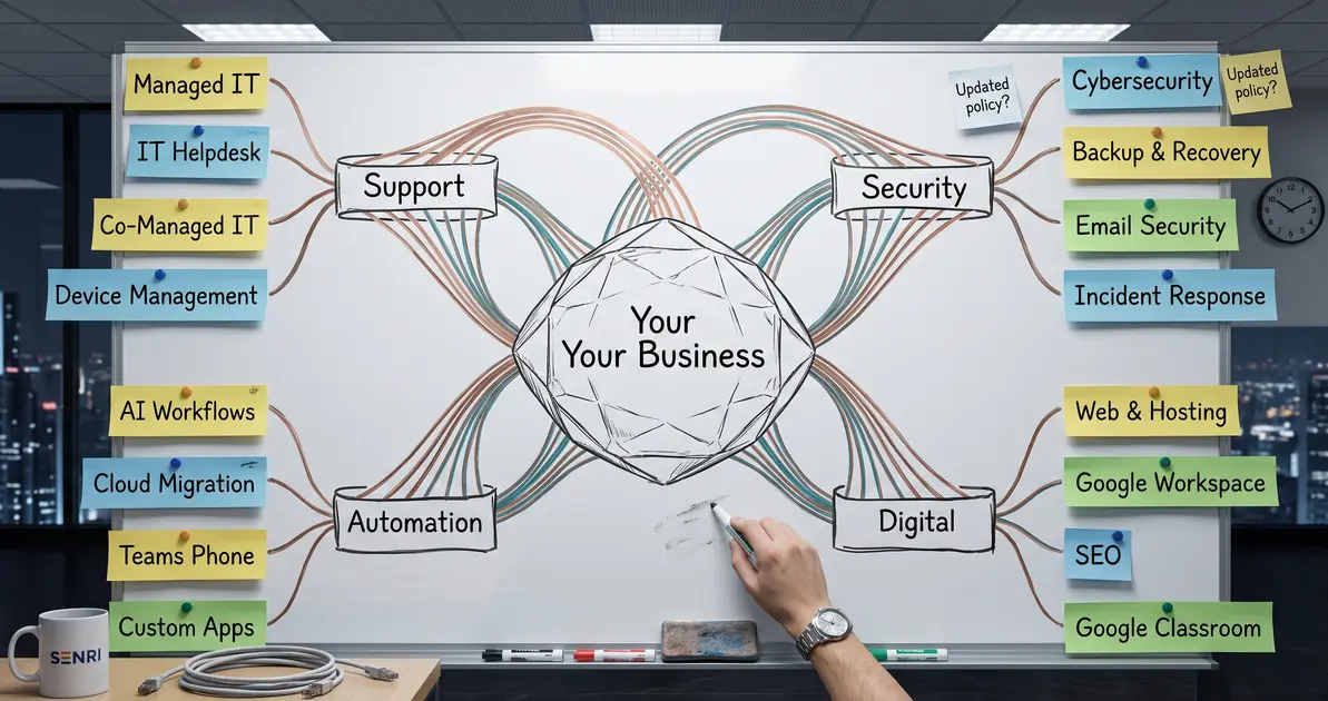 Senri services overview — Support, Security, Automation, and Digital services branching from your business